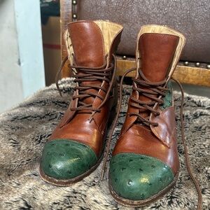 Der Dau Custom Made Genuine Ostrich Leather CapToe Brown&Green RARE Luxury Boots